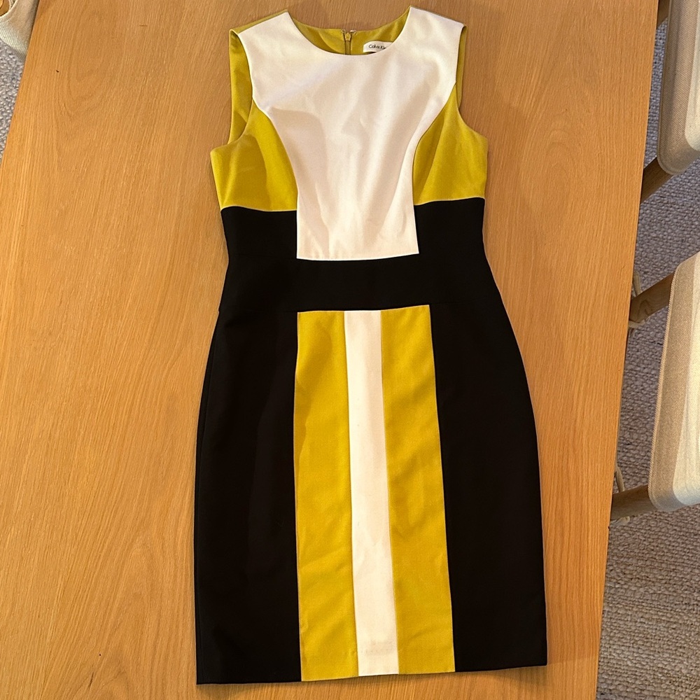 Calvin Klein Yellow, White, and Black Midi Dress